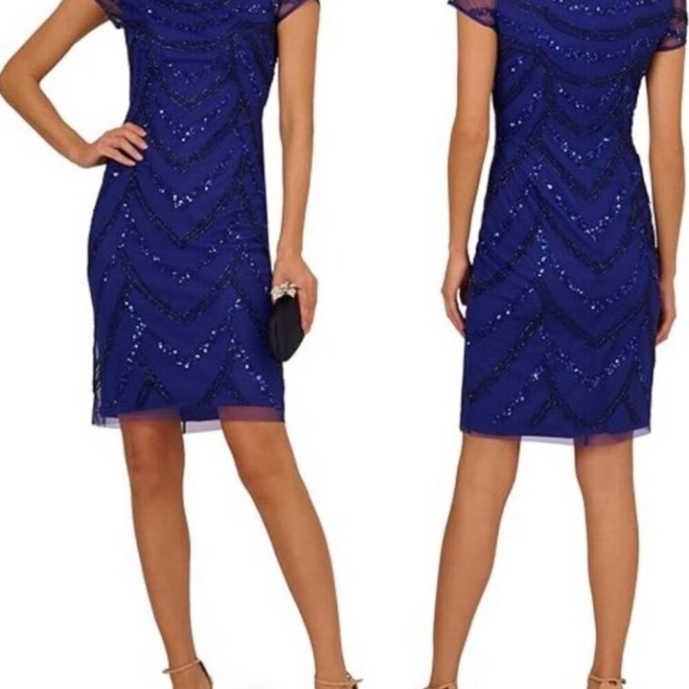 NWT Adrianna Papell Blue Violet Beaded Mesh Cocktail Dress. Size 10